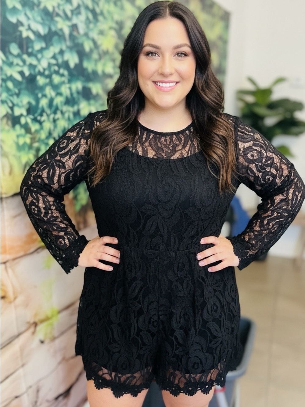 Monif C. Black Floral Lace Romper 2X